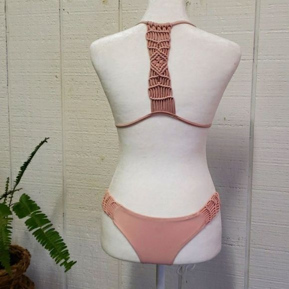 Baby Pink Macrame 2 Piece Low Cut Skimpy Coverage Bikini Small - Picture 3 of 6